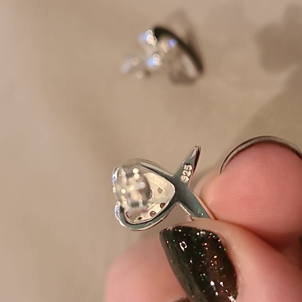 Sterling silver cubic zirconia heart black ribbon design earrings - Picture 5 of 8